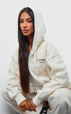 PrettyLittleThing Petite Premium Print Zip Front Hoodie Cream