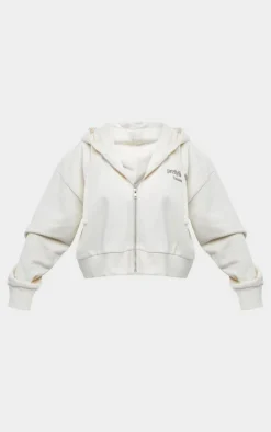 PrettyLittleThing Petite Premium Print Zip Front Hoodie Cream
