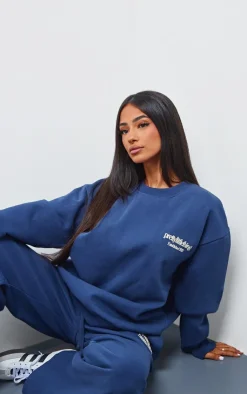 Best PrettyLittleThing Petite Premium Print Oversized Sweatshirt Navy