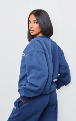 Best PrettyLittleThing Petite Premium Print Oversized Sweatshirt Navy