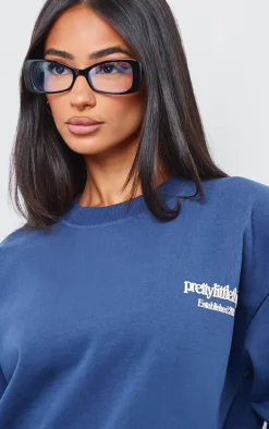 Best PrettyLittleThing Petite Premium Print Oversized Sweatshirt Navy