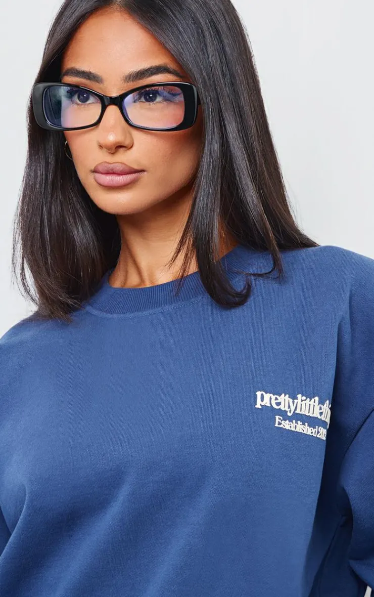 Best PrettyLittleThing Petite Premium Print Oversized Sweatshirt Navy