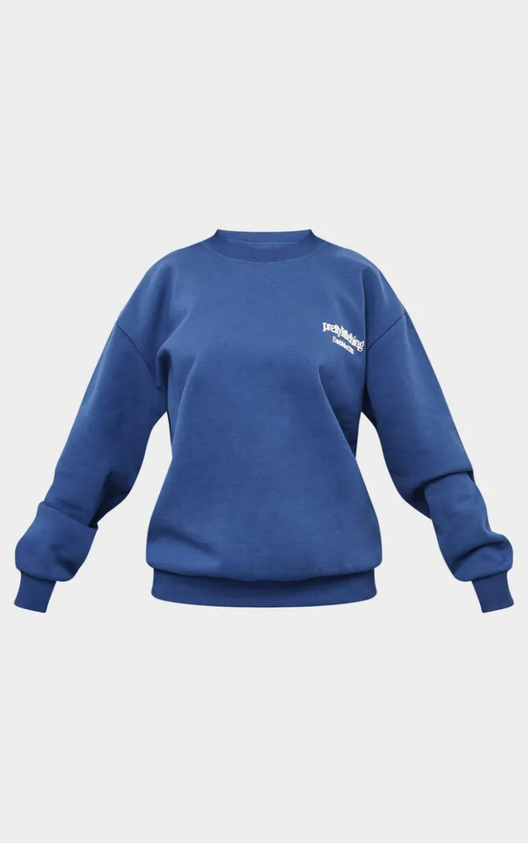 Best PrettyLittleThing Petite Premium Print Oversized Sweatshirt Navy