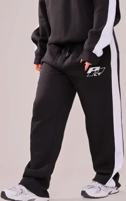 PrettyLittleThing Black Sweatsuits*Petite Embroidered Side Panel Detail Straight Leg Sweatpants