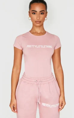 Outlet PrettyLittleThing Petite Logo Detail Short Sleeve Bodysuit Light Pink