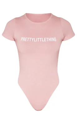 Outlet PrettyLittleThing Petite Logo Detail Short Sleeve Bodysuit Light Pink
