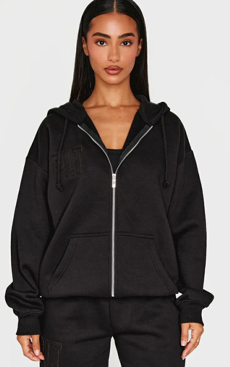 Sale PrettyLittleThing Petite Embroidered Zip Up Hoodie Black