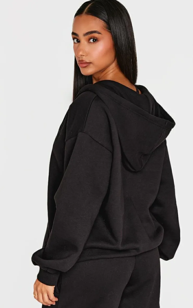 Sale PrettyLittleThing Petite Embroidered Zip Up Hoodie Black