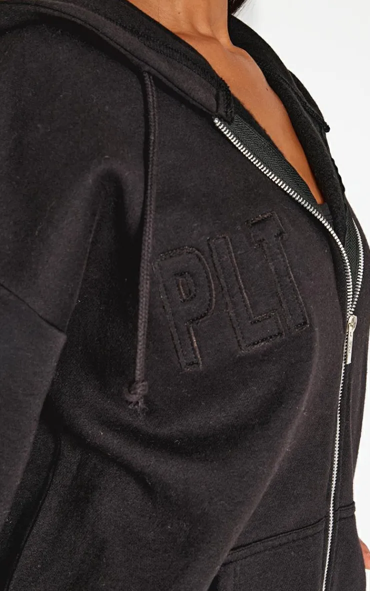 Sale PrettyLittleThing Petite Embroidered Zip Up Hoodie Black