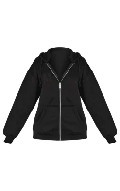 Sale PrettyLittleThing Petite Embroidered Zip Up Hoodie Black