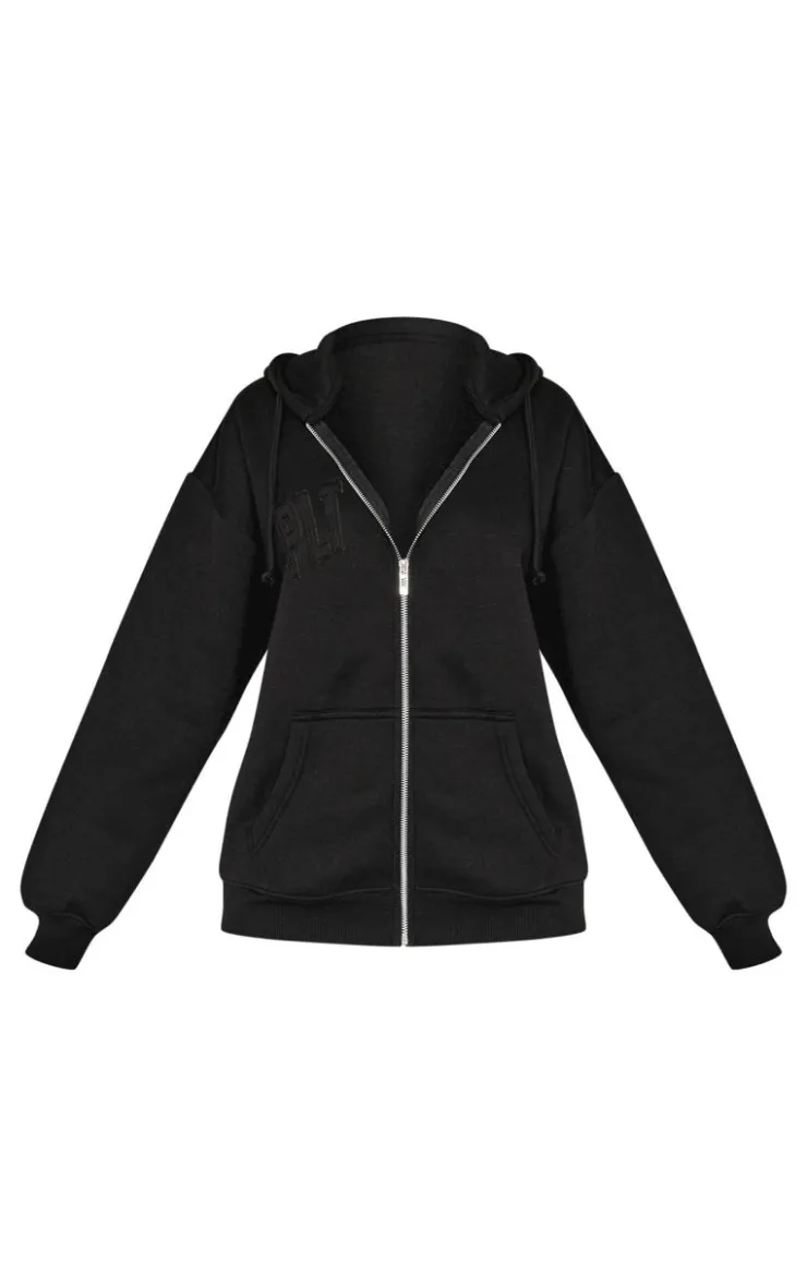 Sale PrettyLittleThing Petite Embroidered Zip Up Hoodie Black