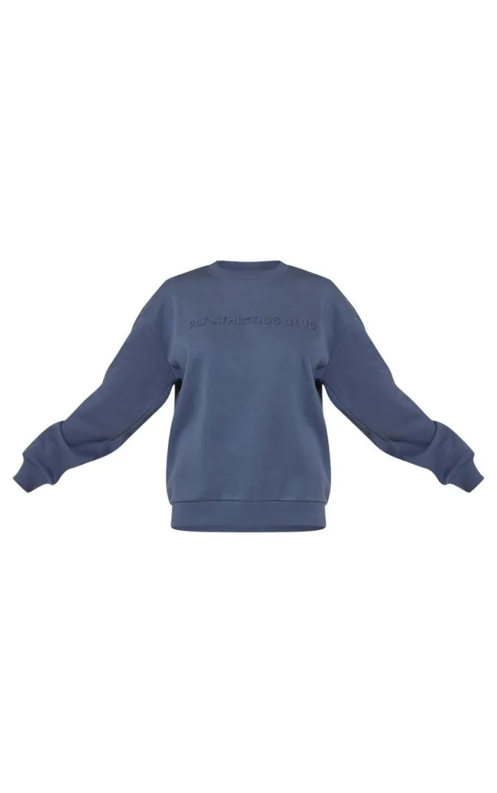 PRETTYLITTLETHING Petrol Blue Athletics Club Embossed Oversized Boxy Sweatshirt