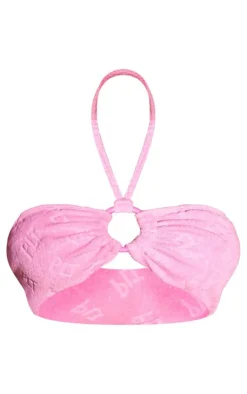 PRETTYLITTLETHING Pink Burnout Towelling Ring Halter Neck Bikini Top