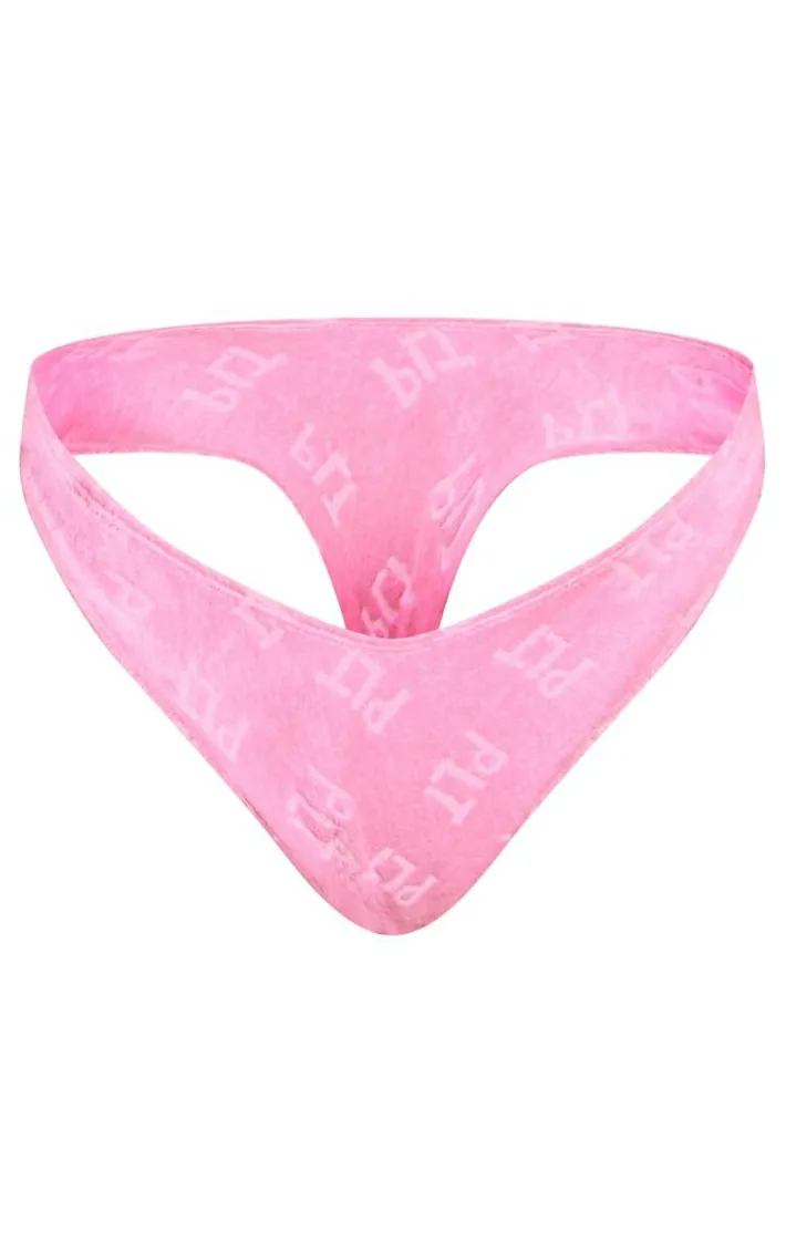 PrettyLittleThing Pink Burnout Towelling High Leg Bikini Bottoms