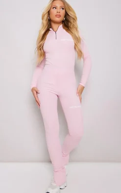 Clearance PrettyLittleThing Crinkle Rib Half Zip Bodysuit Pink