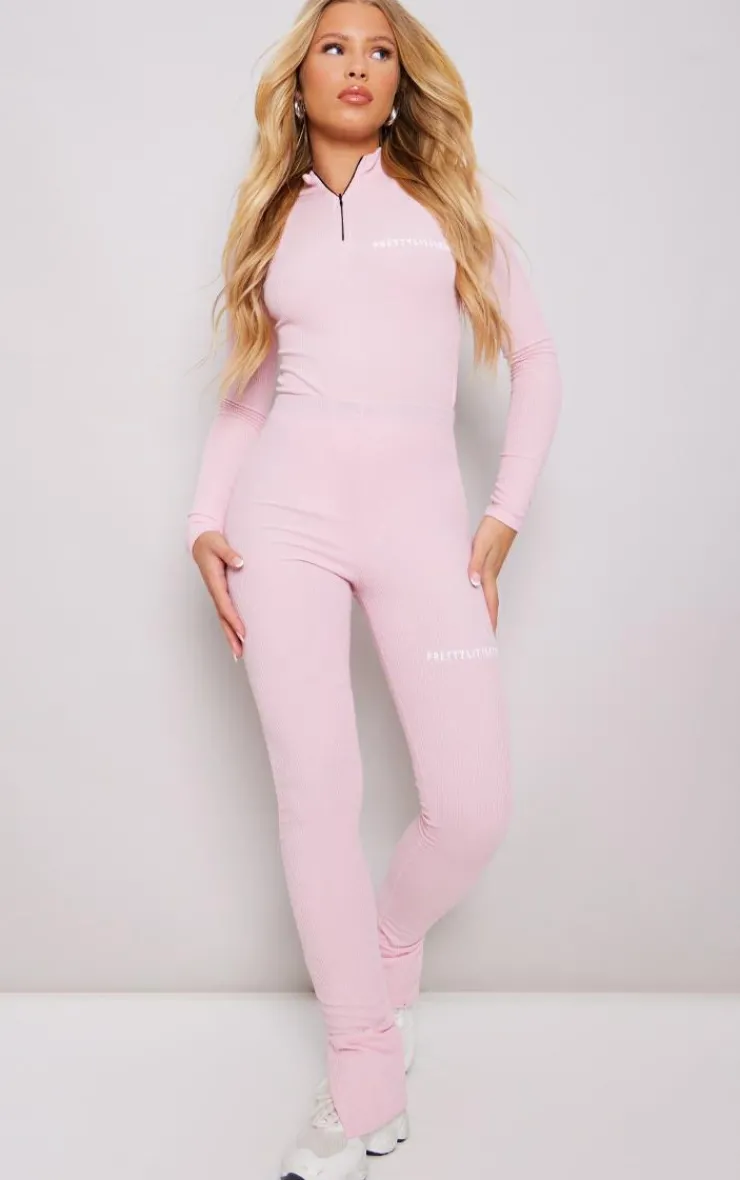 Clearance PrettyLittleThing Crinkle Rib Half Zip Bodysuit Pink