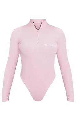Clearance PrettyLittleThing Crinkle Rib Half Zip Bodysuit Pink