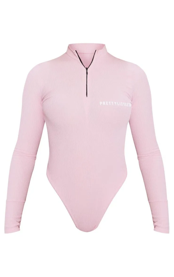 Clearance PrettyLittleThing Crinkle Rib Half Zip Bodysuit Pink