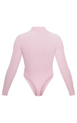 Clearance PrettyLittleThing Crinkle Rib Half Zip Bodysuit Pink