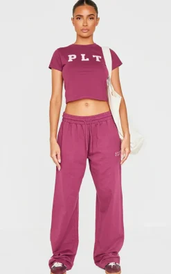 PrettyLittleThing Contrast Binding Wide Leg Sweatpants Plum