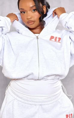 Discount PrettyLittleThing Plus Plus Elasticated Hem Zip Up Hoodie Ash Grey