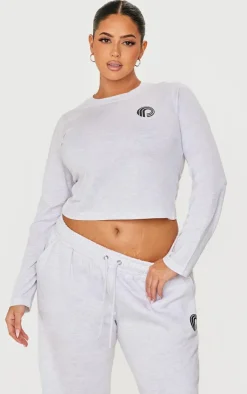 Hot PrettyLittleThing Plus Printed Fitted Long Sleeve T Shirt Ash Grey
