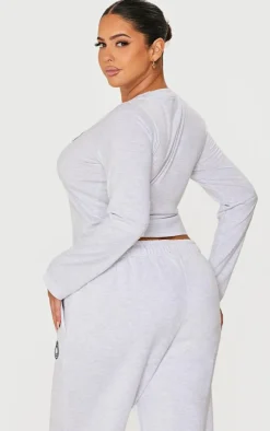 Hot PrettyLittleThing Plus Printed Fitted Long Sleeve T Shirt Ash Grey