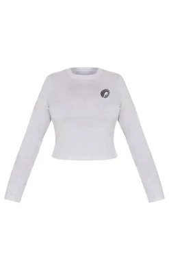 Hot PrettyLittleThing Plus Printed Fitted Long Sleeve T Shirt Ash Grey