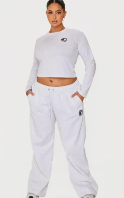 Sale PrettyLittleThing Plus Printed Wide Leg Sweatpants Ash Grey