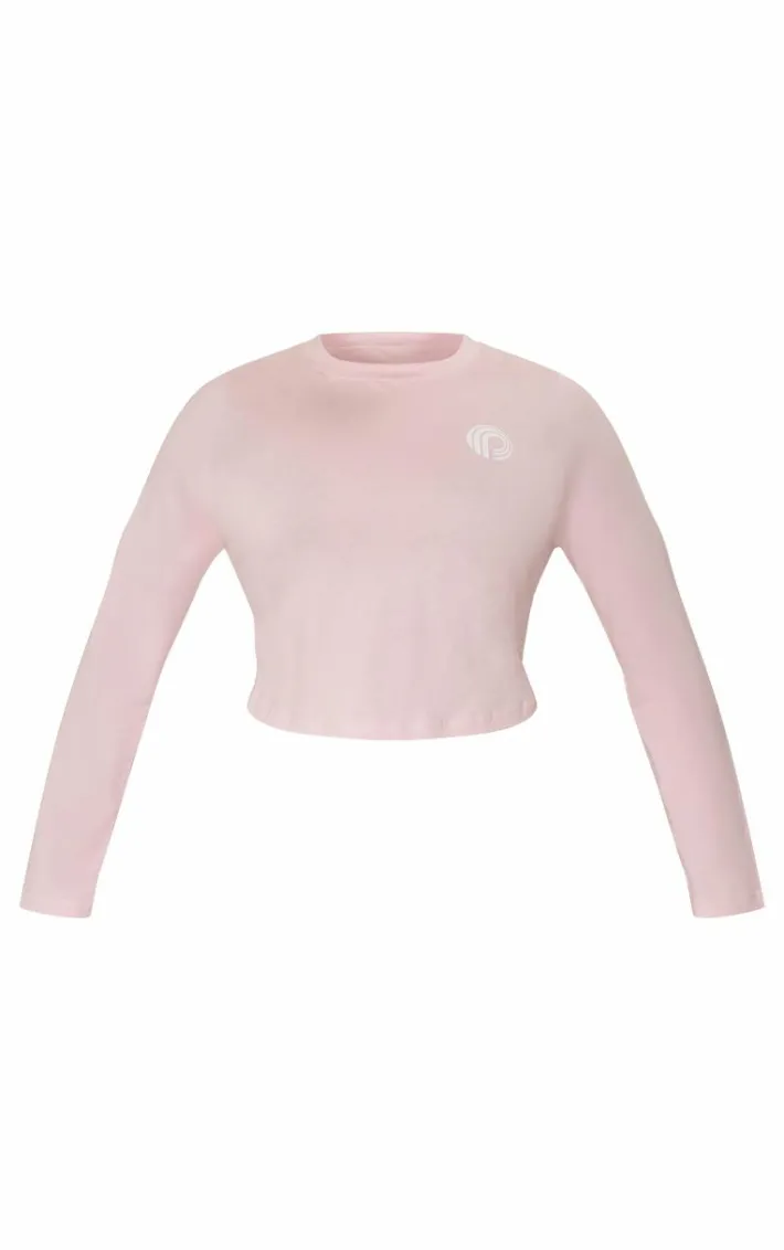 PRETTYLITTLETHING Plus Baby Pink Printed Fitted Long Sleeve T Shirt