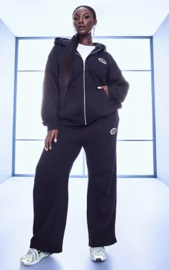 Sale PrettyLittleThing Plus Logo Badge Wide Leg Sweatpants Black