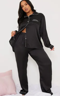PRETTYLITTLETHING Plus Black Satin Long PJ Set