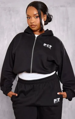PrettyLittleThing Black Sweatsuits*Plus Elasticated Hem Zip Up Hoodie