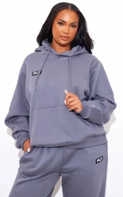 New PrettyLittleThing Plus Logo Badge Detail Oversized Hoodie Charcoal