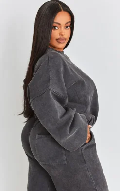 PrettyLittleThing Grey Sweatsuits*Plus Washed Embroidered Oversized Sweatshirt