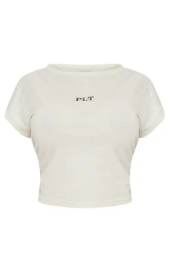 Online PrettyLittleThing Plus Contrast Embroidery Fitted Cap Sleeve T Shirt Cream