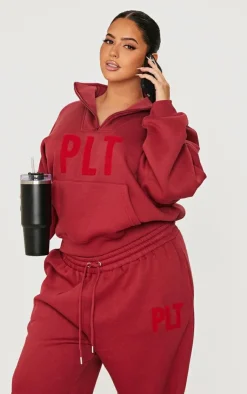 Outlet PrettyLittleThing Plus Borg Applique Quarter Zip Sweatshirt Dark Red