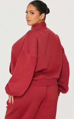 Outlet PrettyLittleThing Plus Borg Applique Quarter Zip Sweatshirt Dark Red