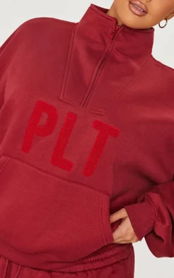 Outlet PrettyLittleThing Plus Borg Applique Quarter Zip Sweatshirt Dark Red