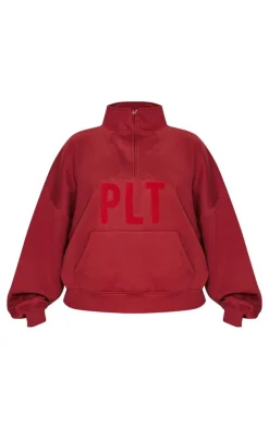Outlet PrettyLittleThing Plus Borg Applique Quarter Zip Sweatshirt Dark Red