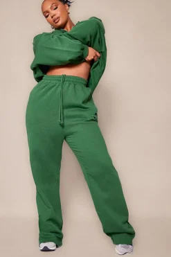 Online PrettyLittleThing Plus Logo Embroidered Wide Leg Sweatpants Forest Green