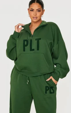 Sale PrettyLittleThing Plus Borg Applique Quarter Zip Sweatshirt Forest Green