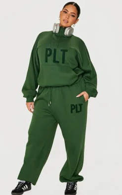 Sale PrettyLittleThing Plus Borg Applique Quarter Zip Sweatshirt Forest Green