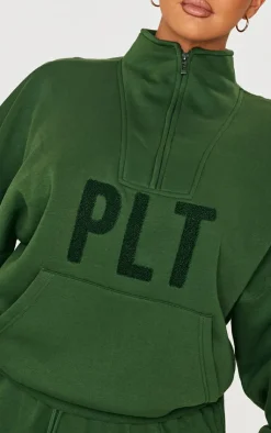 Sale PrettyLittleThing Plus Borg Applique Quarter Zip Sweatshirt Forest Green