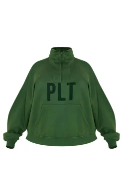 Sale PrettyLittleThing Plus Borg Applique Quarter Zip Sweatshirt Forest Green
