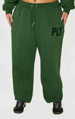 PrettyLittleThing Plus Borg Applique Cuffed Sweatpants Forest Green