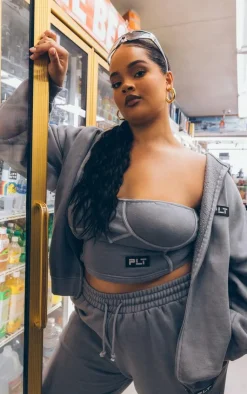 PrettyLittleThing Grey Sweatsuits*Plus Washed Badge Detail Corset Top