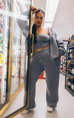 PrettyLittleThing Grey Sweatsuits*Plus Washed Badge Detail Corset Top