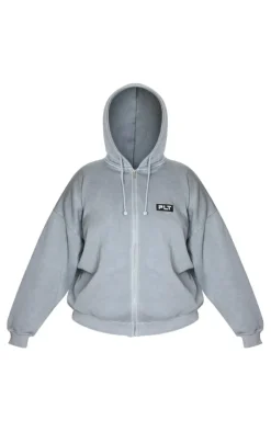 PrettyLittleThing Grey Sweatsuits*Plus Washed Badge Detail Zip Up Hoodie