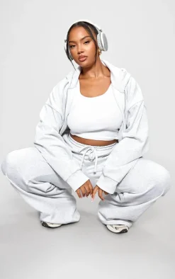 PrettyLittleThing Grey Sweatsuits*Plus Grey Premium Embroidered Oversized Zip Front Hoodie